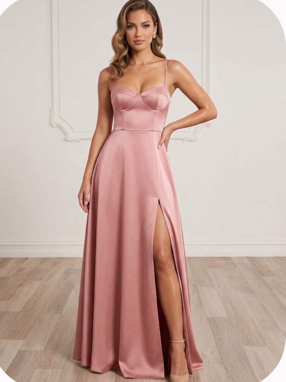 Lovely Pink Satin Evening Spaghetti Strap Gown Side Slit Size 4 NWT